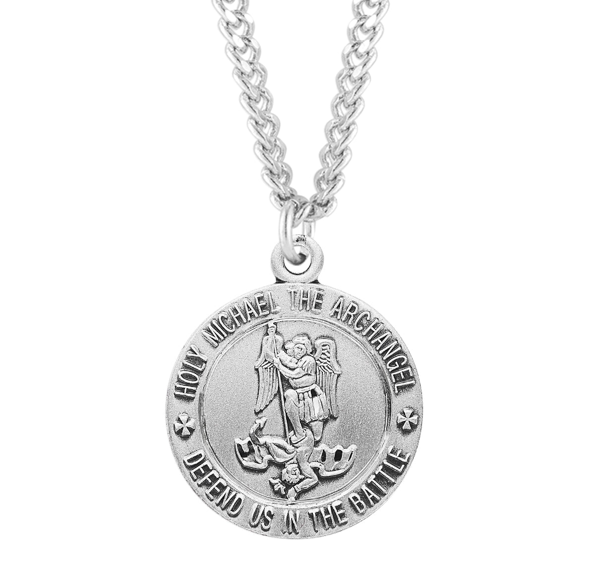 Saint Michael the Archangel Slaying Demon Round Sterling Silver Medal Pendant with Chain | .925 Silver