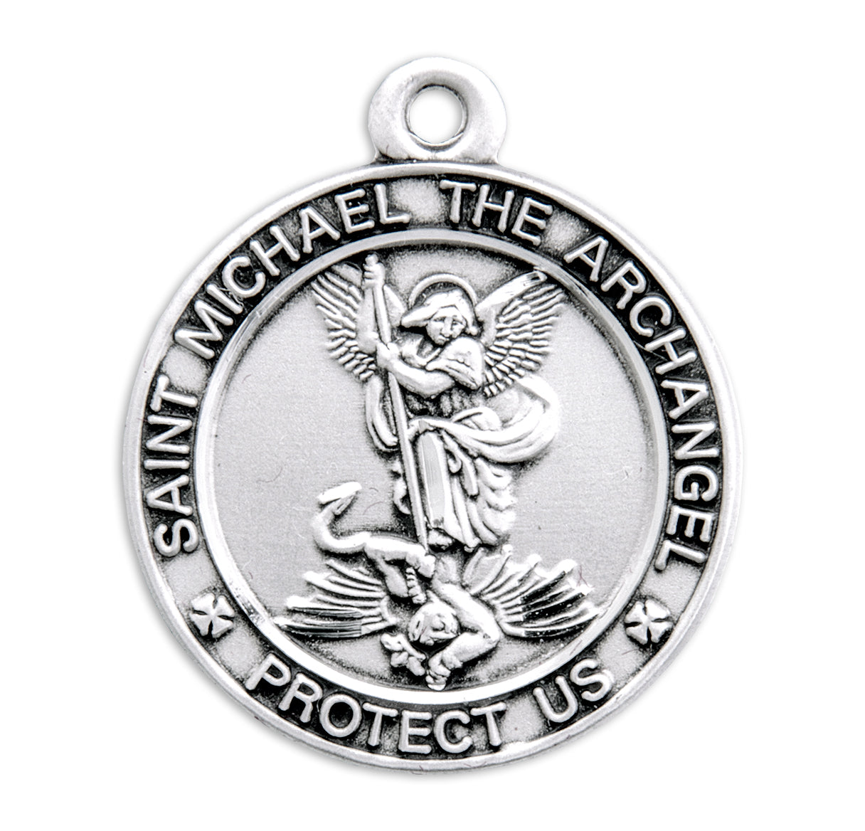 Saint Michael the Archangel Slaying Demon Round Sterling Silver Medal Pendant with Chain | .925 Silver