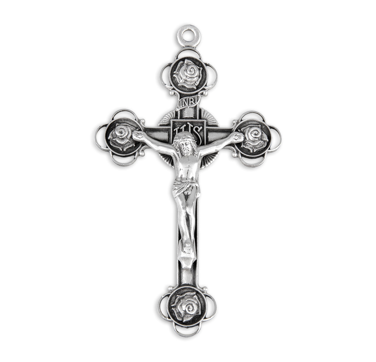Rosebud Design Sterling Silver Crucifix Necklace | .925 Silver