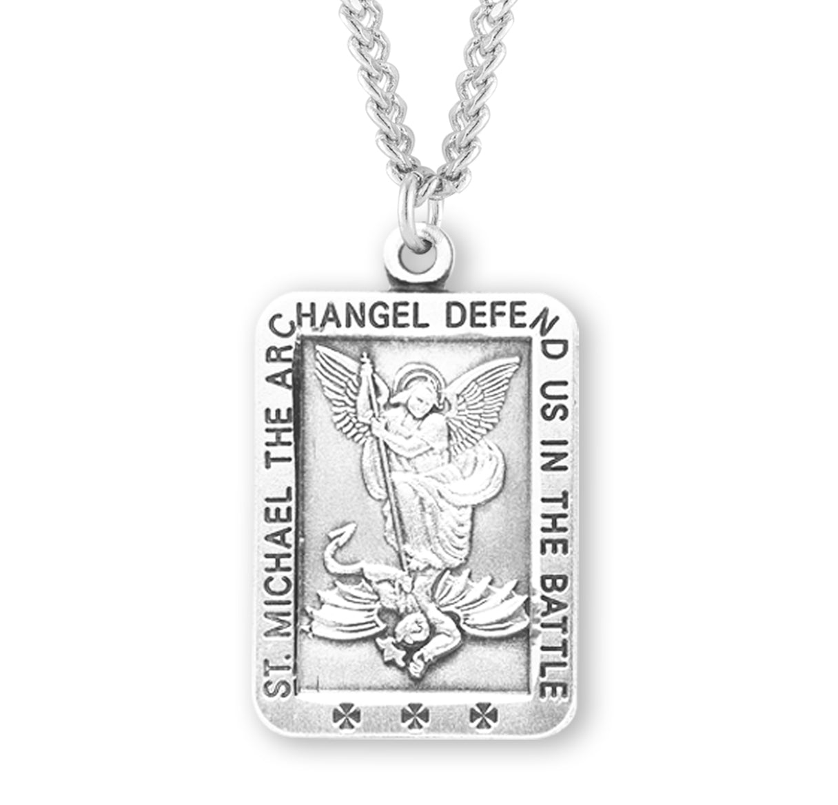Saint Michael the Archangel Slaying Demon Rectangle Sterling Silver Medal Pendant with Chain | .925 Silver