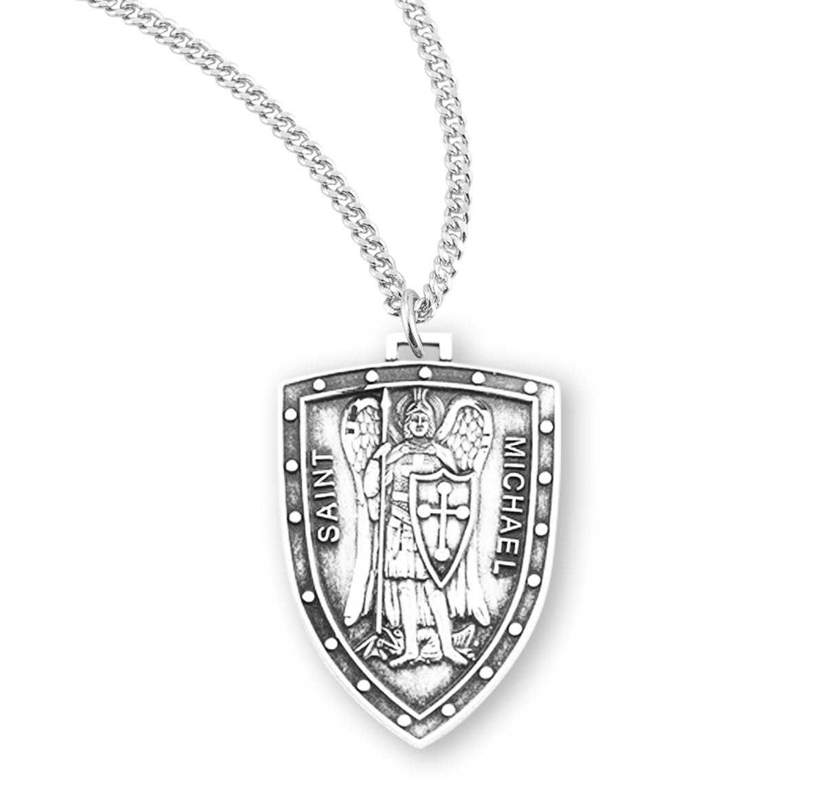 Saint Michael the Archangel Slaying Demon Sterling Silver Shield Medal Pendant with Chain | .925 Silver