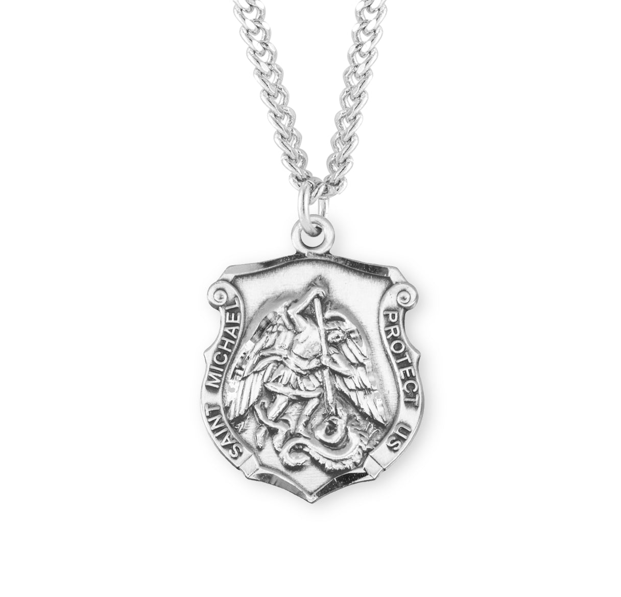 Saint Michael the Archangel Slaying Demon Sterling Silver Badge Medal Pendant with Chain | .925 Silver
