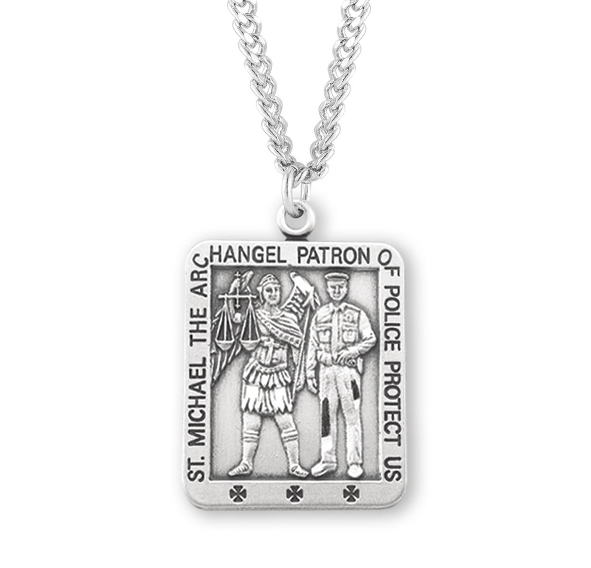 Saint Michael the Archangel Slaying Demon Square Sterling Silver Medal Pendant with Chain | .925 Silver