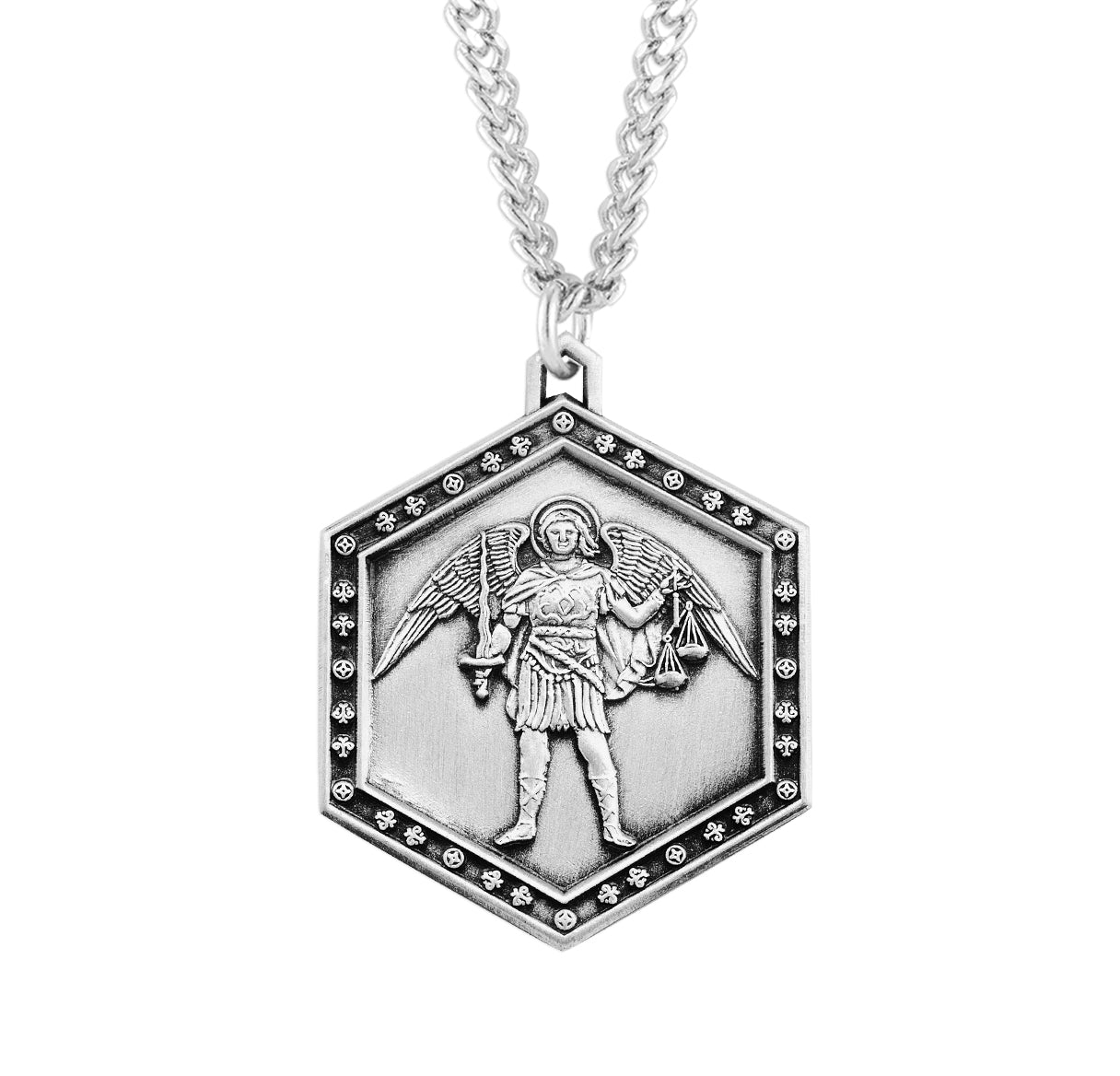 Saint Michael the Archangel Slaying Demon the Archangel Sterling Silver Hexagon Medal Pendant with Chain | .925 Silver