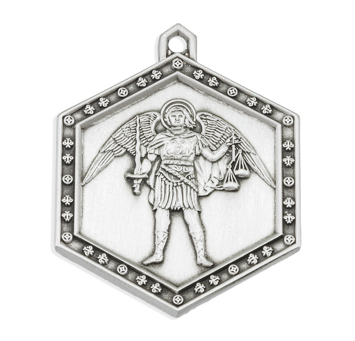 Saint Michael the Archangel Slaying Demon the Archangel Sterling Silver Hexagon Medal Pendant with Chain | .925 Silver