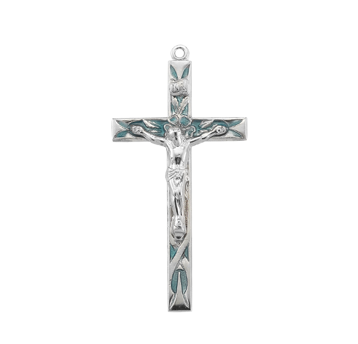 High Polished Blue Enameled Sterling Silver Crucifix Necklace | .925 Silver