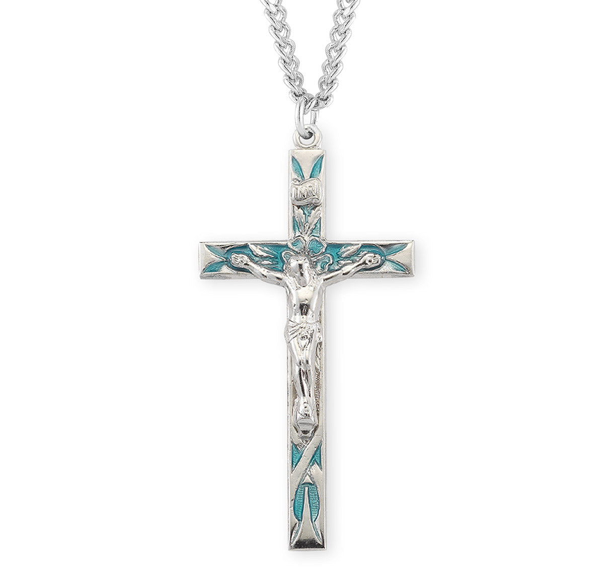 High Polished Blue Enameled Sterling Silver Crucifix Necklace | .925 Silver