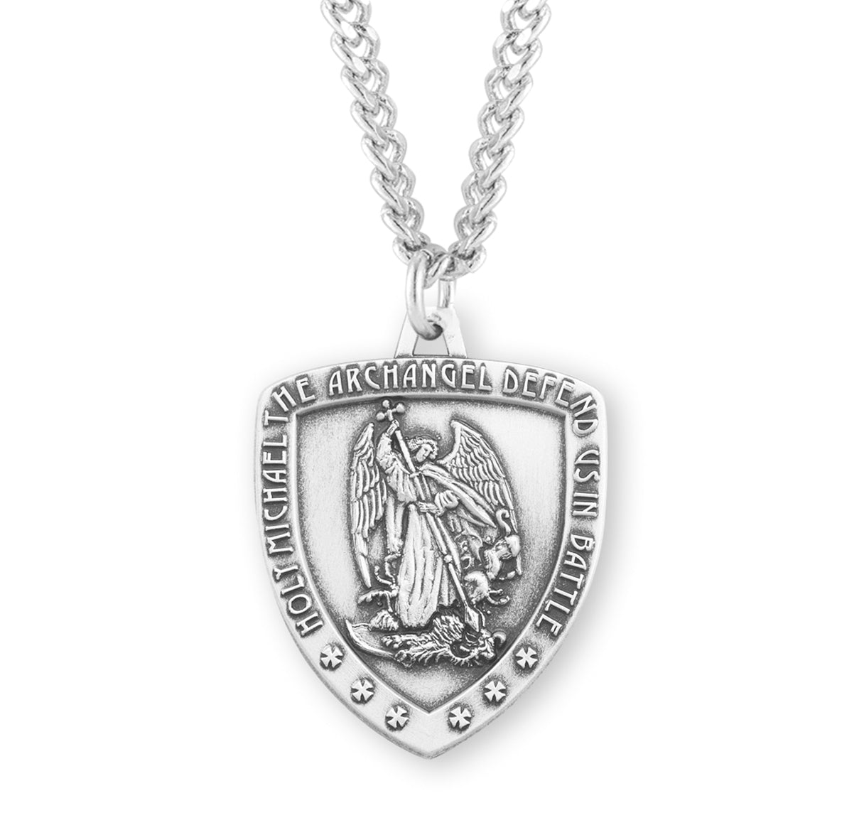 Saint Michael the Archangel Slaying Demon Sterling Silver Shield Medal Pendant with Chain | .925 Silver
