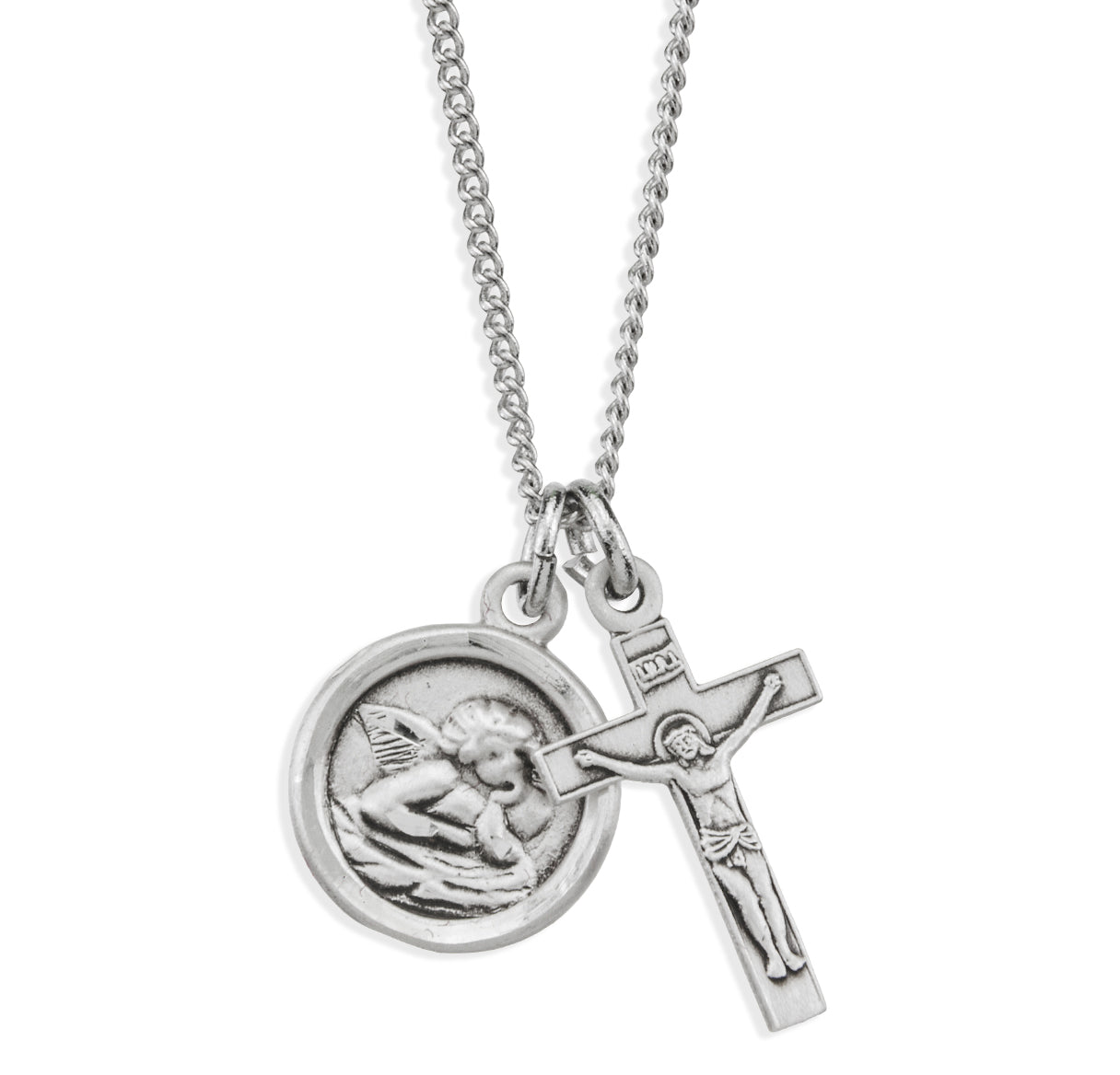 Sterling Silver Cherub Medal and Small Crucifix Necklace | .925 Silver
