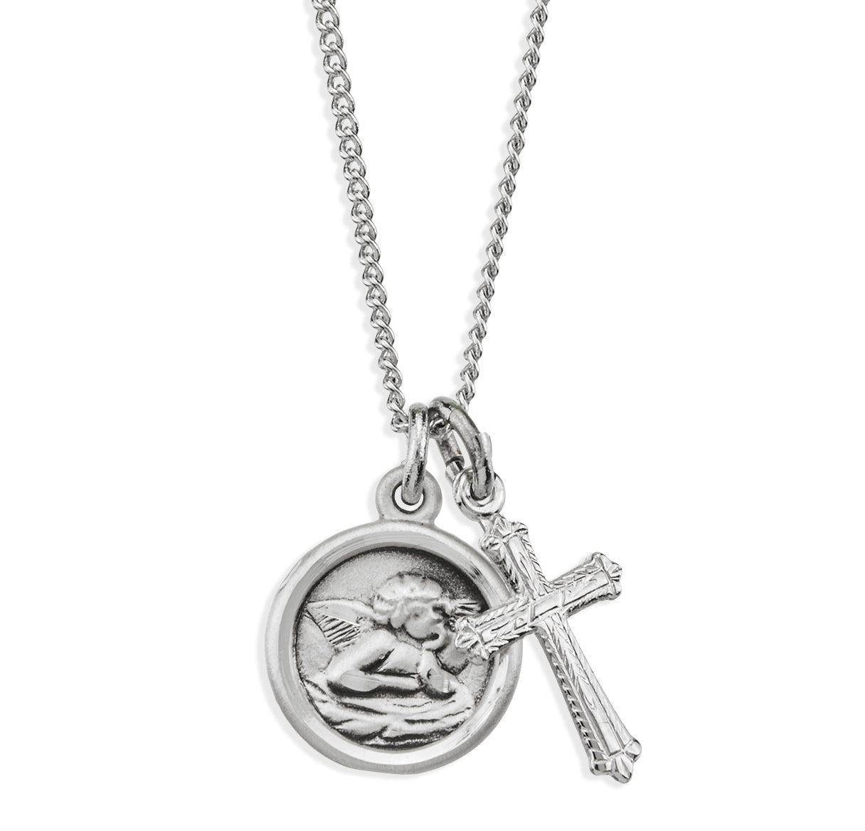 Sterling Silver Cherub Medal and Small Cross Necklace | .925 Silver