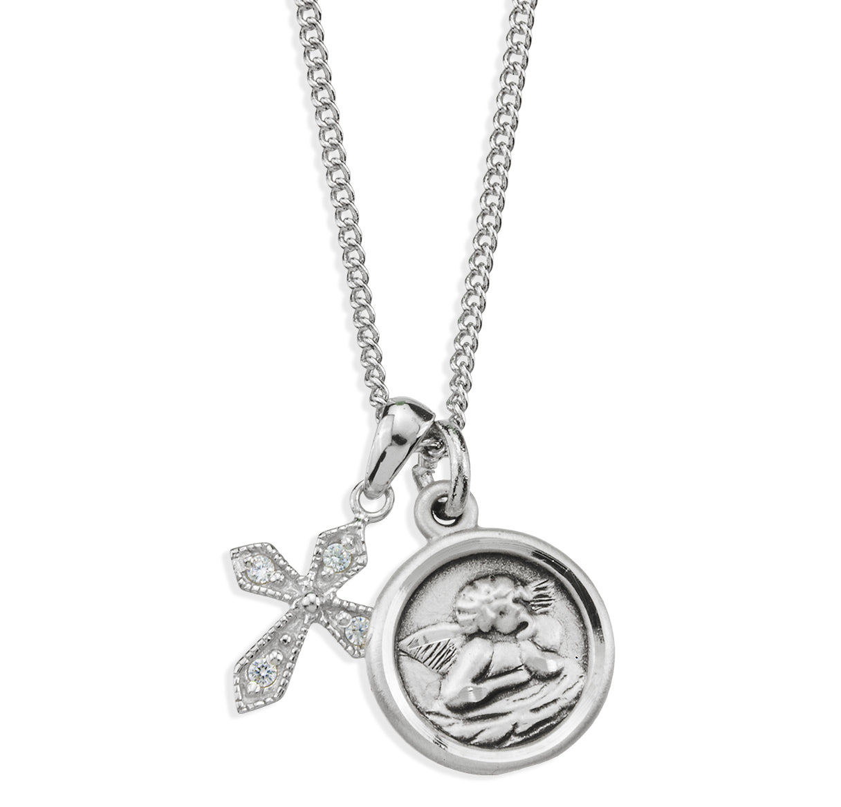 Sterling Silver Cherub Medal and Small CZ Cross Necklace | .925 Silver