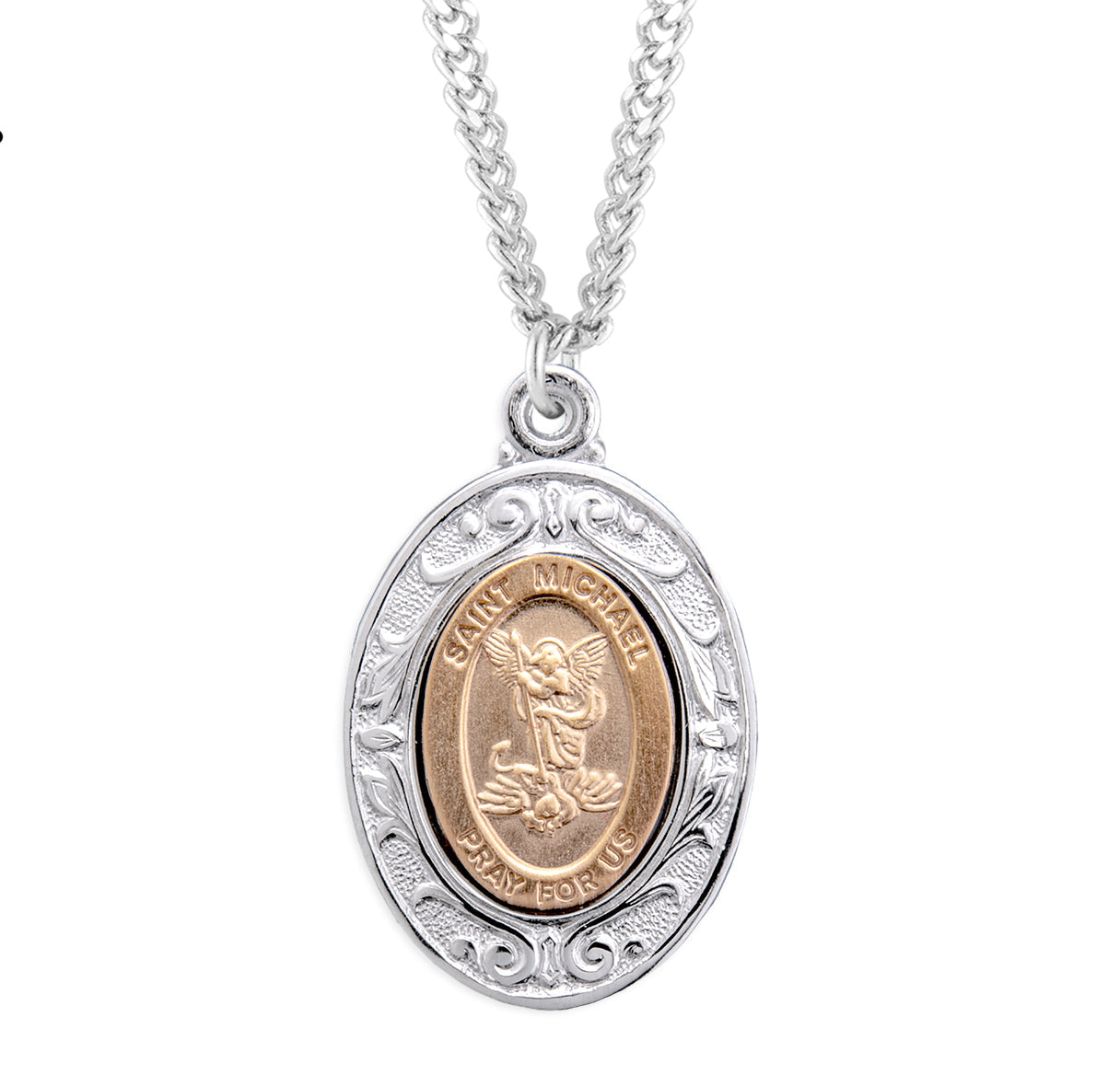 Gold Over Sterling Silver St. Michael Pendant with Rhodium Plated Sterling Silver Border | 16kt Gold Plated .925 Silver