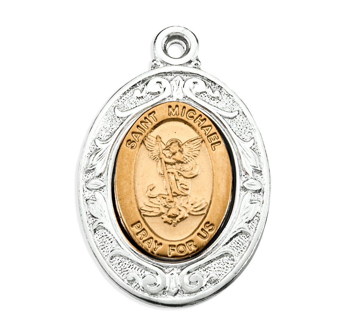 Gold Over Sterling Silver St. Michael Pendant with Rhodium Plated Sterling Silver Border | 16kt Gold Plated .925 Silver