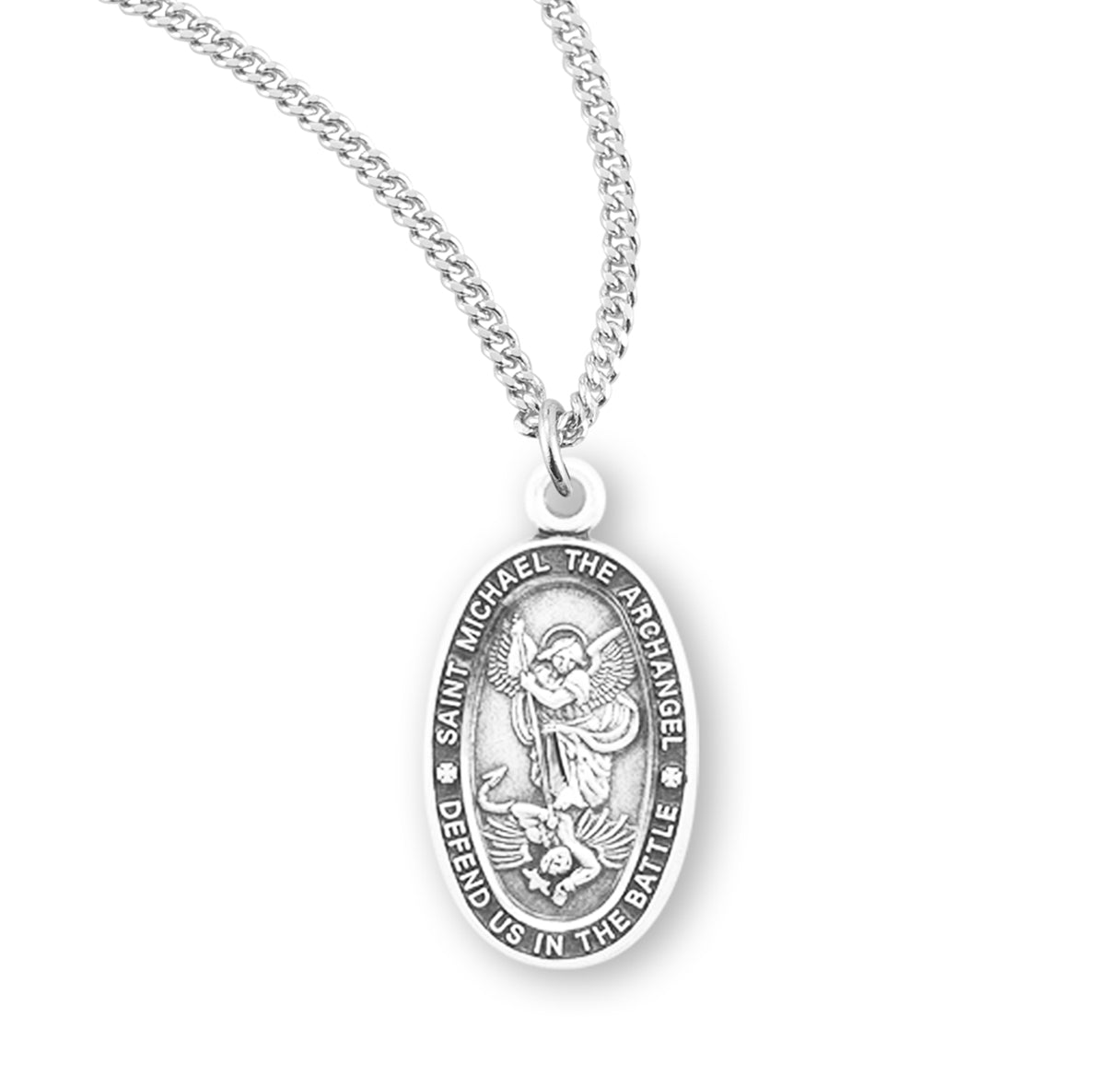 Saint Michael the Archangel Slaying Demon Oval Sterling Silver Medal Pendant with Chain | .925 Silver