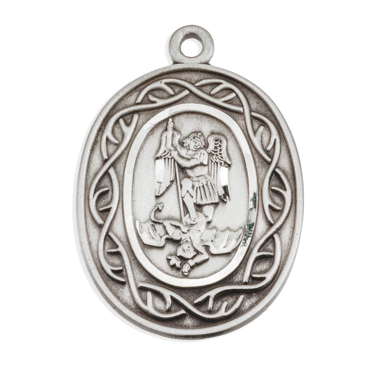 Saint Michael the Archangel Slaying Demon Oval Sterling Silver "Crown of Thorns" Medal Pendant with Chain | .925 Silver