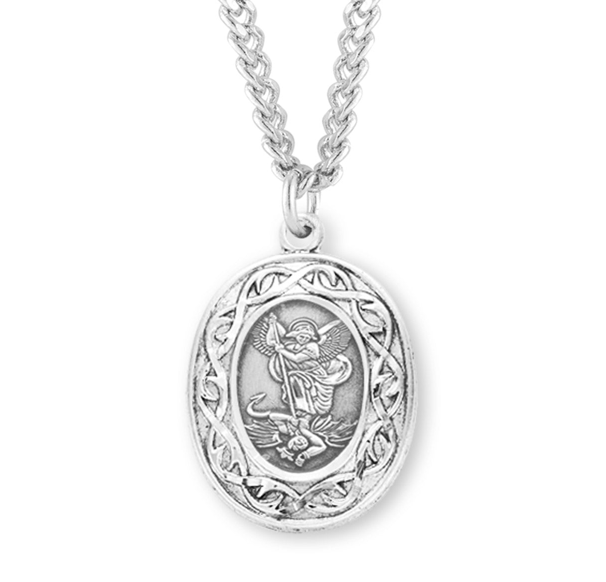 Saint Michael the Archangel Slaying Demon Oval Sterling Silver "Crown of Thorns" Medal Pendant with Chain | .925 Silver
