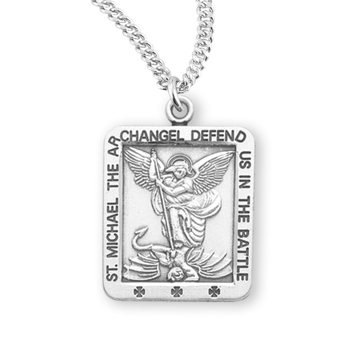 Saint Michael the Archangel Slaying Demon Square Sterling Silver Medal Pendant with Chain | .925 Silver