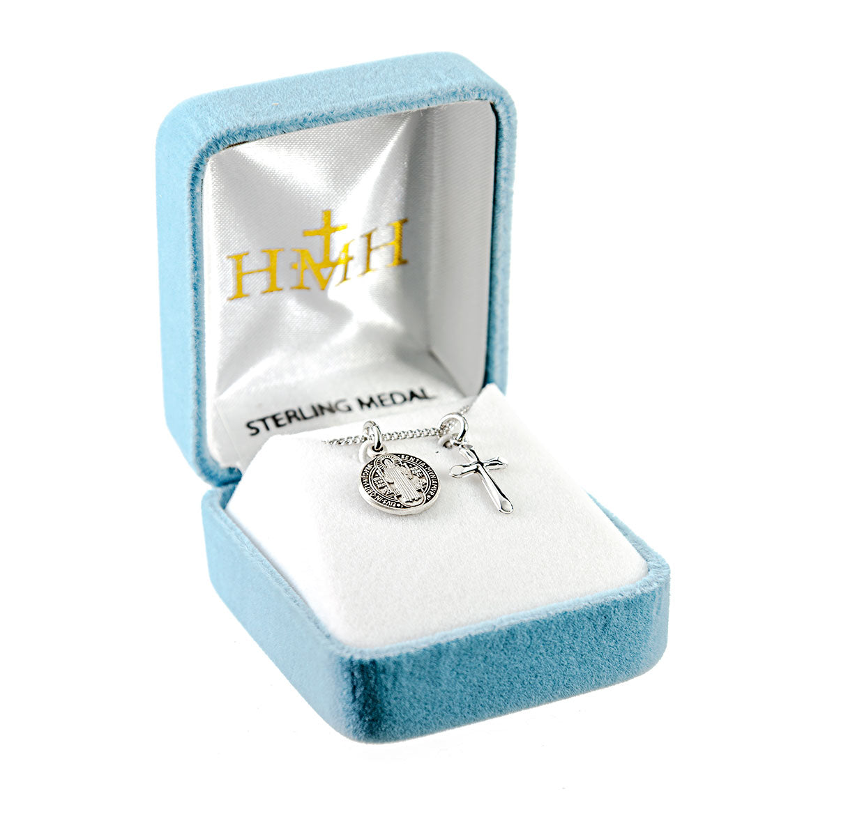 Sterling Silver St. Benedict Medal and Small Cross Necklace | .925 Silver