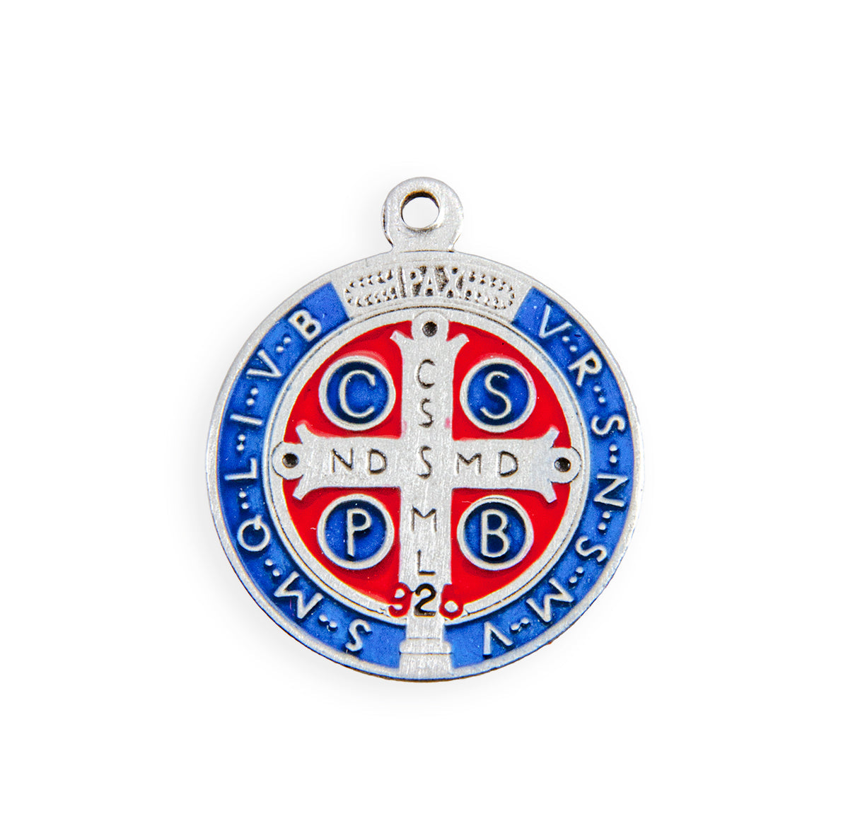 Saint Benedict Protection Round Blue and Red Enameled Jubilee Sterling Silver Medal Pendant with Chain | .925 Silver