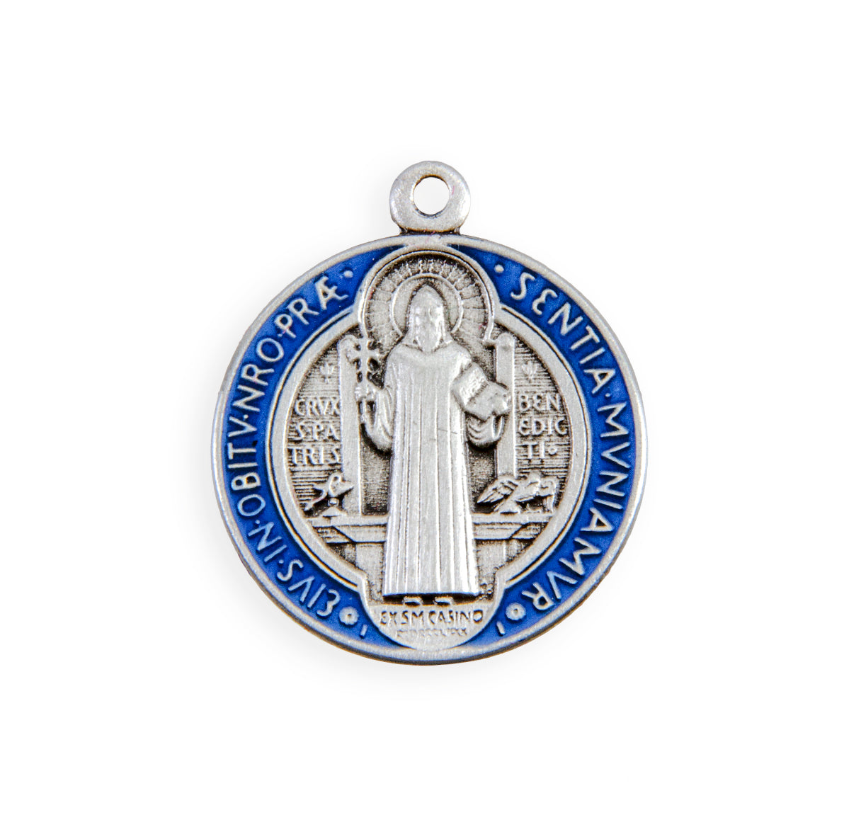 Saint Benedict Protection Round Blue and Red Enameled Jubilee Sterling Silver Medal Pendant with Chain | .925 Silver