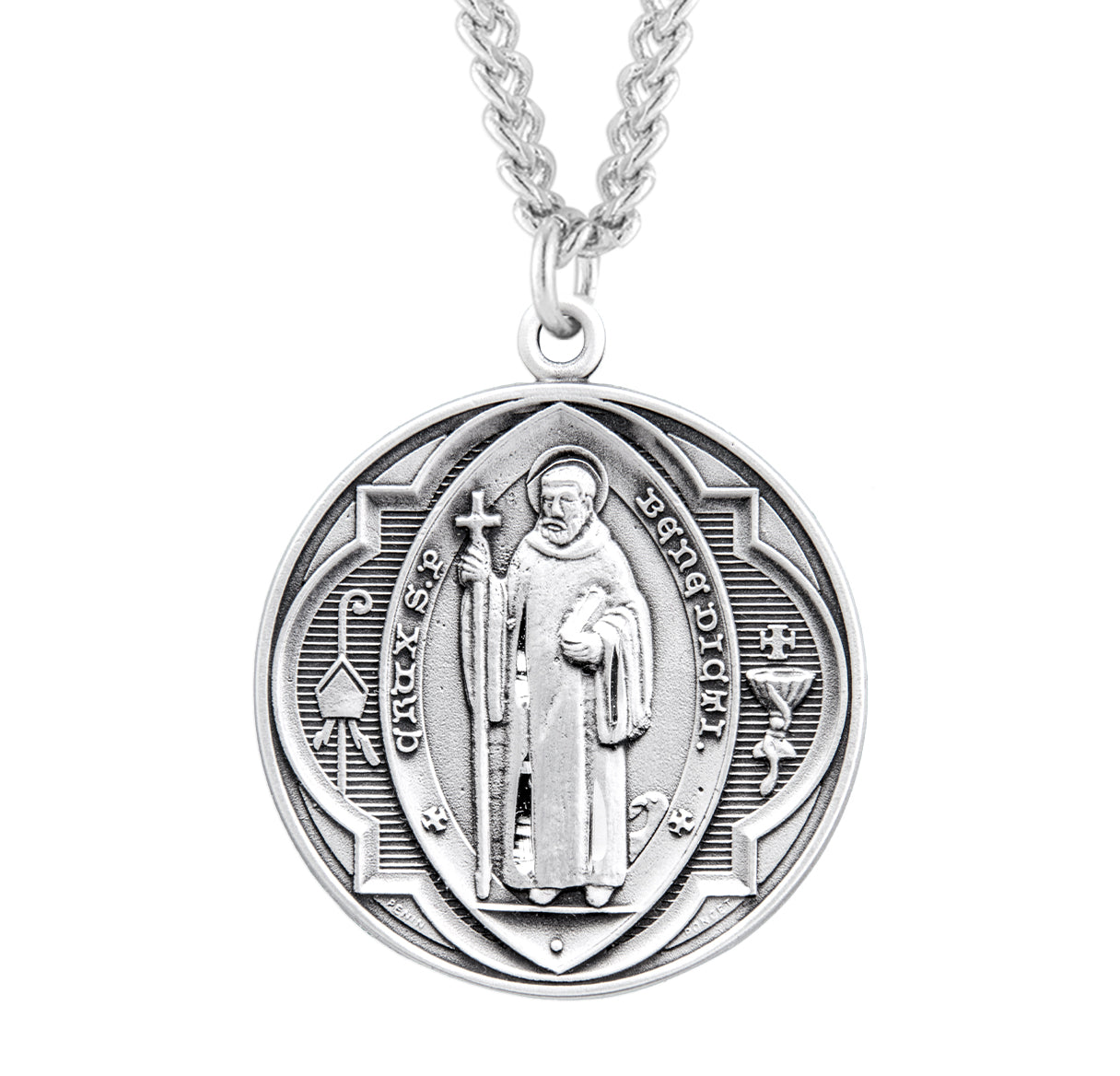 Saint Benedict Protection Round Jubilee Sterling Silver Medal Pendant with Chain | .925 Silver