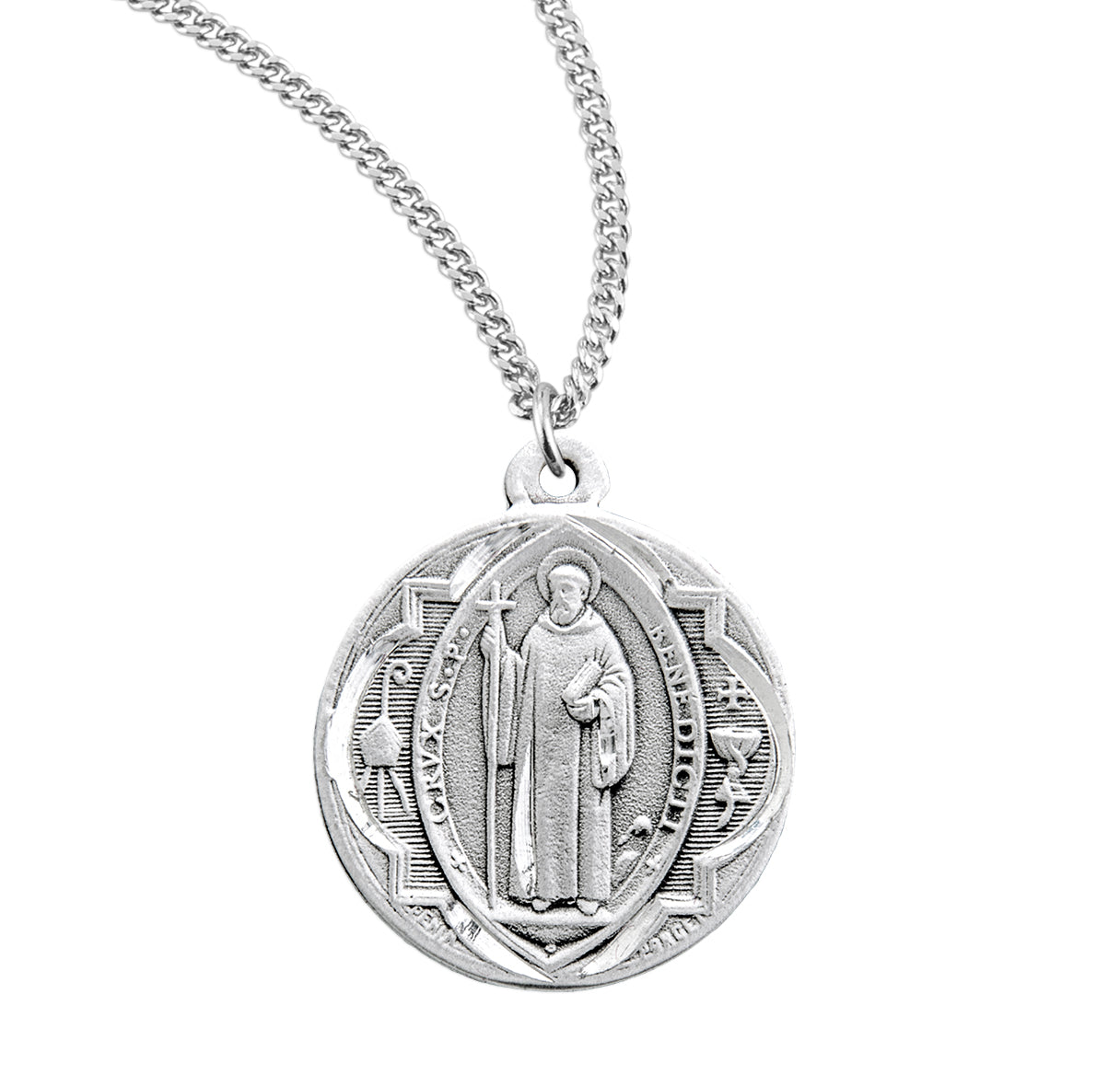 Saint Benedict Protection Round Sterling Silver Medal Pendant with Chain | .925 Silver