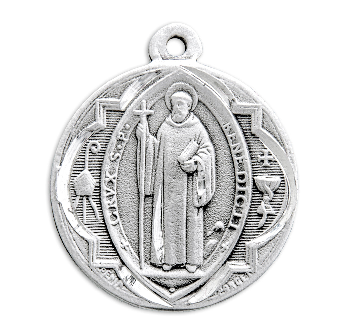 Saint Benedict Protection Round Sterling Silver Medal Pendant with Chain | .925 Silver