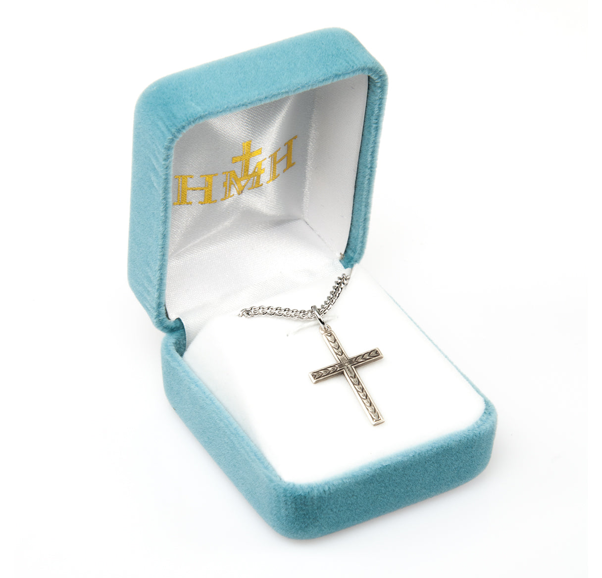 Engraved Leaf Design Sterling Silver Cross Necklace | .925 Silver