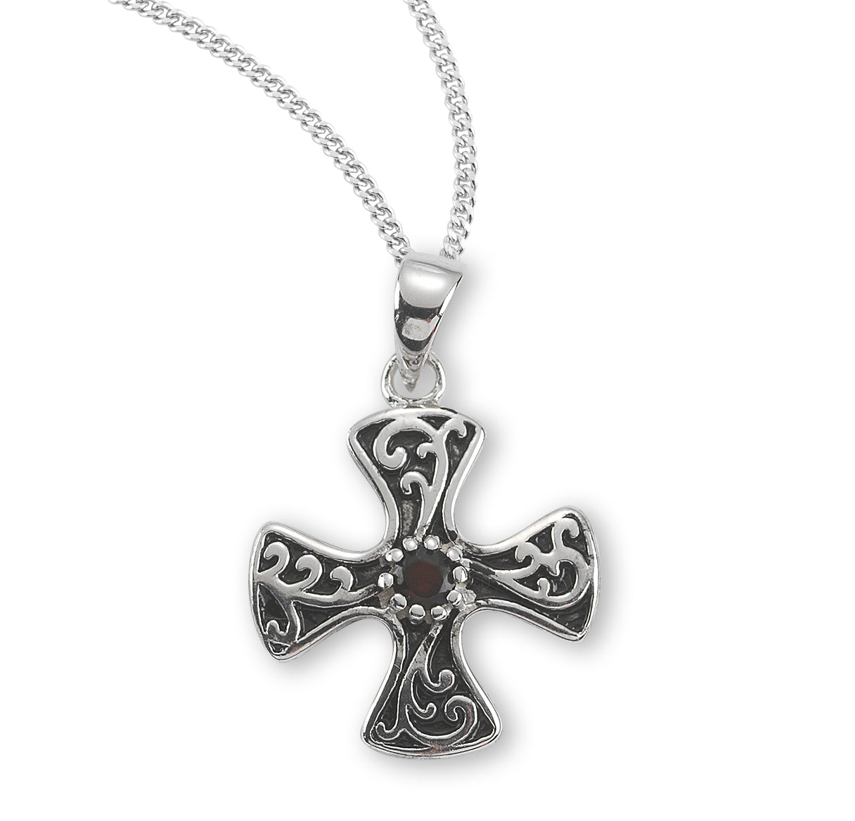 Sterling Silver Cross and Garnet Zircon Necklace | .925 Silver