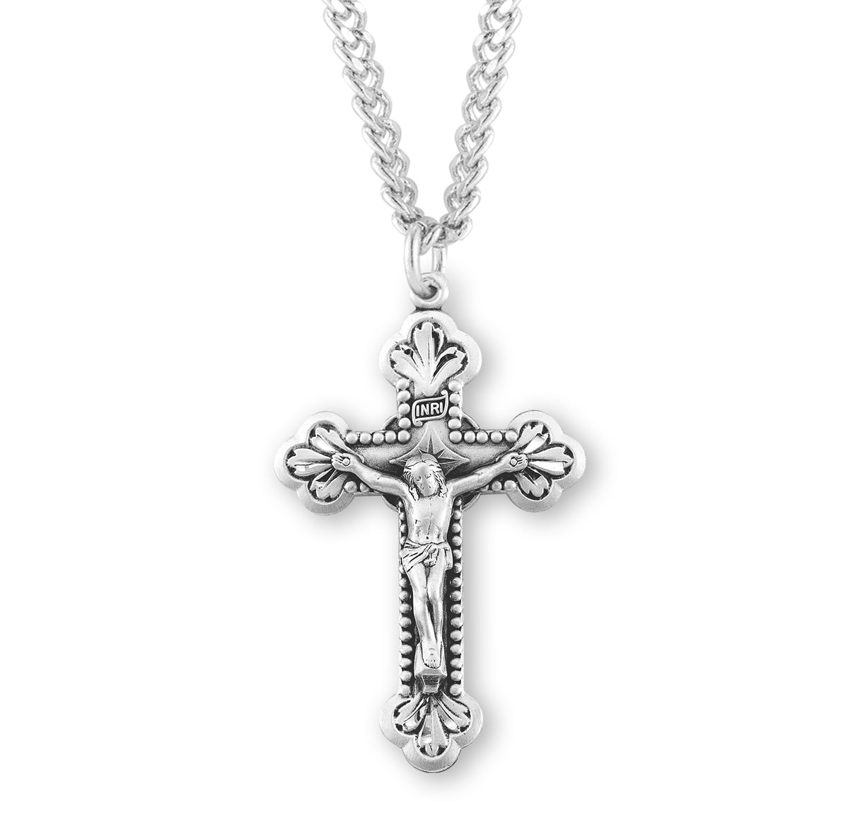 Baroque Leaf Design Sterling Silver Crucifix Necklace | .925 Silver