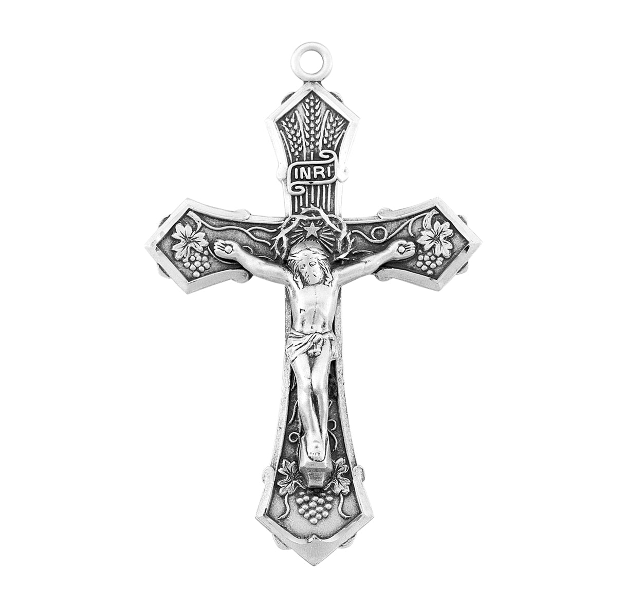 Grape and Wheat Design Sterling Silver Crucifix Necklace | .925 Silver
