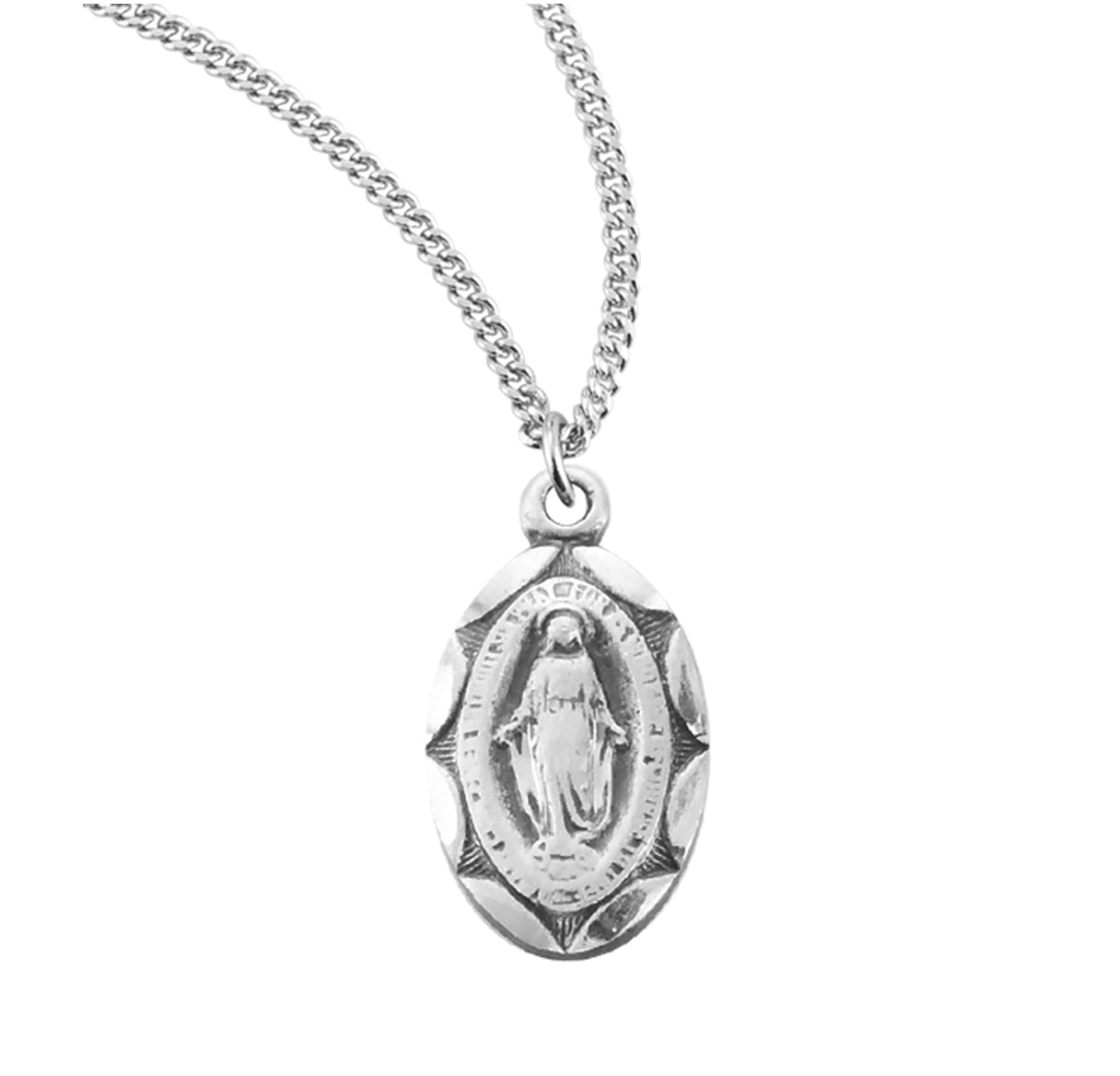 Sterling Silver Scalloped Oval Miraculous Medal Pendant with Chain | .925 Silver