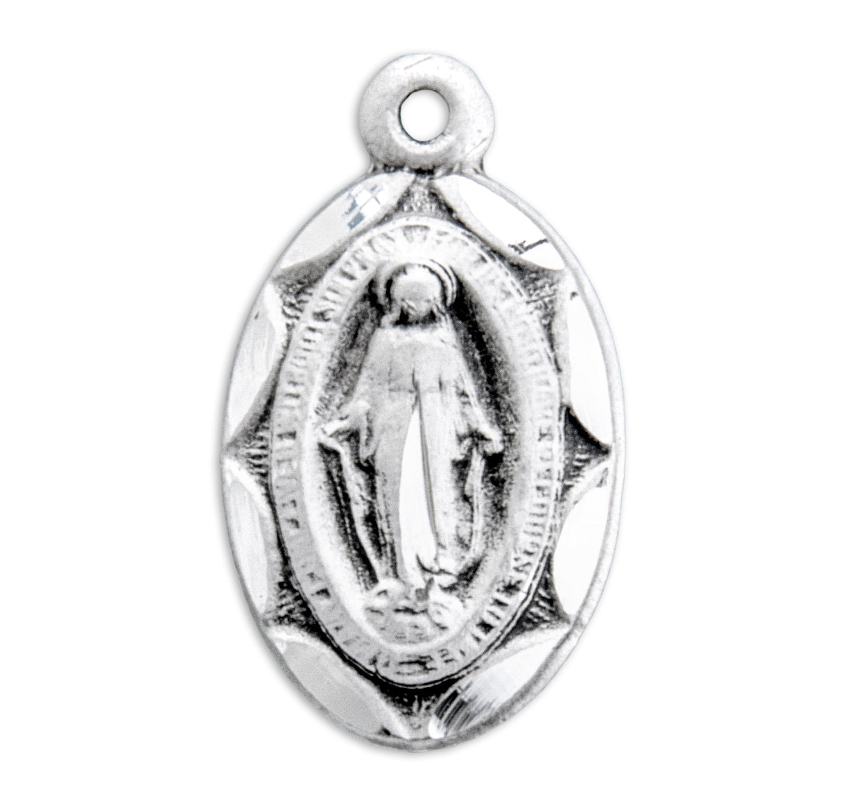 Sterling Silver Scalloped Oval Miraculous Medal Pendant with Chain | .925 Silver