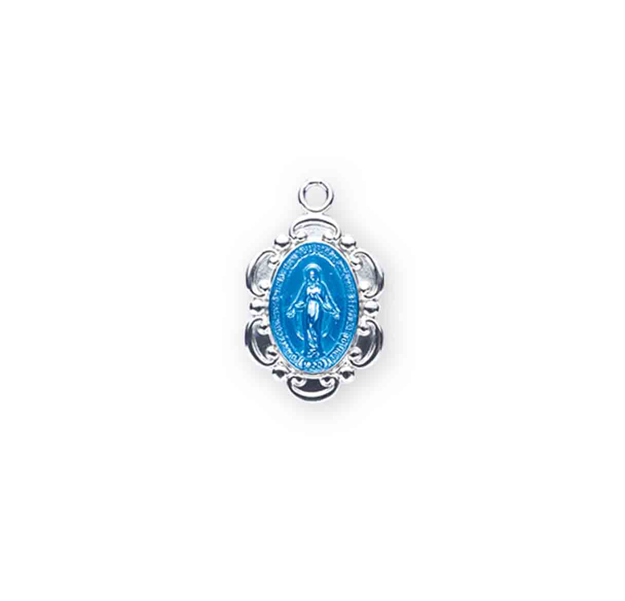 Sterling Silver Blue Enameled Oval Fancy Edge Miraculous Medal Pendant with Chain | .925 Silver