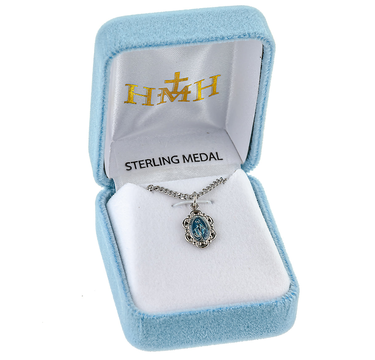 Sterling Silver Blue Enameled Oval Fancy Edge Miraculous Medal Pendant with Chain | .925 Silver