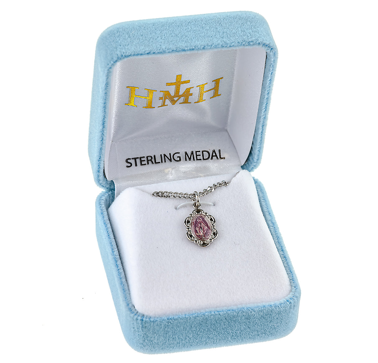 Sterling Silver Pink Enameled Oval Fancy Edge Miraculous Medal Pendant with Chain | .925 Silver