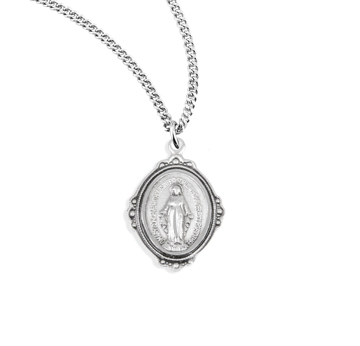 Sterling Silver Oval Fancy Edge Miraculous Medal Pendant with Chain | .925 Silver