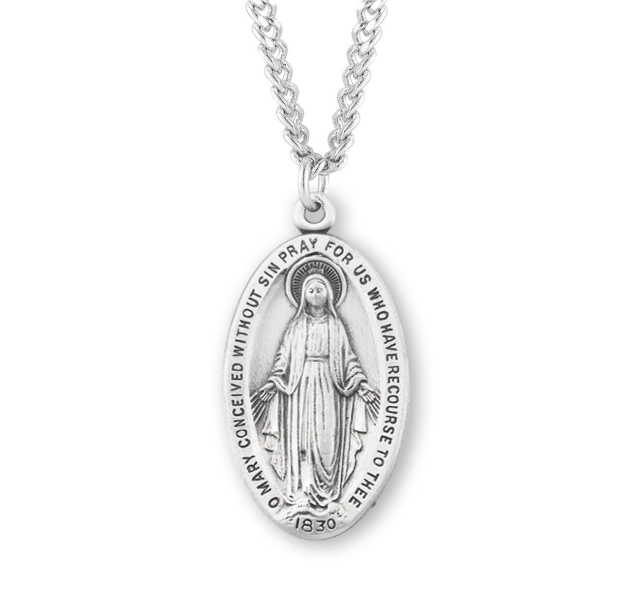 Sterling Silver Oval Miraculous Medal Pendant with Chain | .925 Silver
