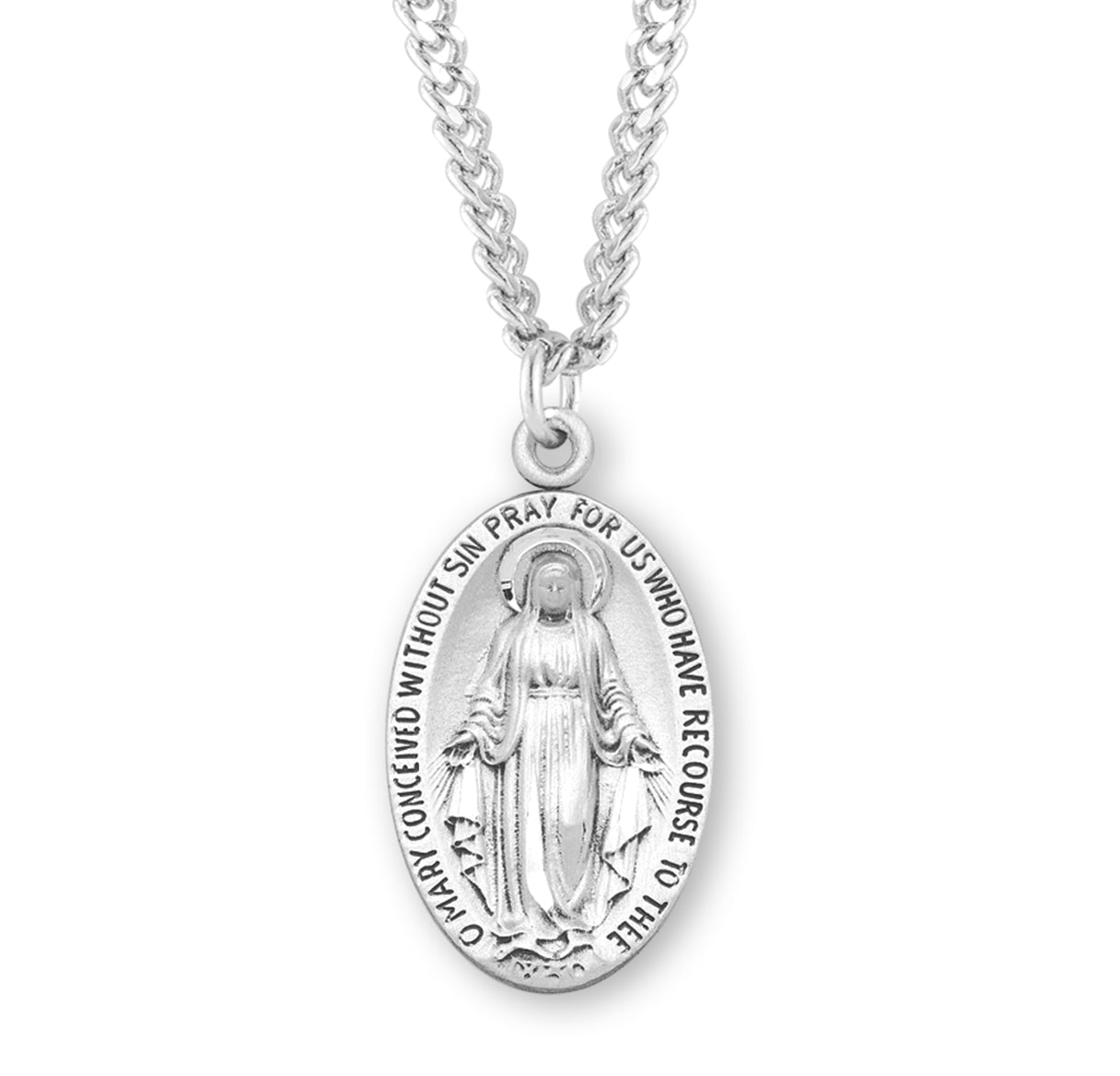 Sterling Silver Oval Miraculous Medal Pendant with Chain | .925 Silver