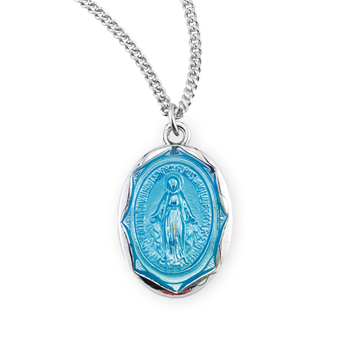 Sterling Silver Oval Blue Enameled Miraculous Medal Pendant with Chain | .925 Silver