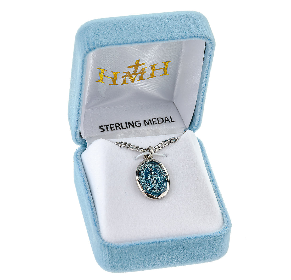 Sterling Silver Oval Blue Enameled Miraculous Medal Pendant with Chain | .925 Silver