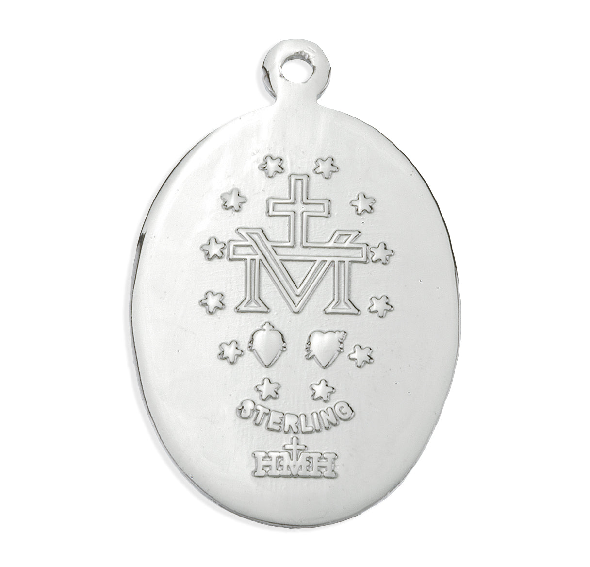 Sterling Silver Oval Blue Enameled Fancy Edge Miraculous Medal Pendant with Chain | .925 Silver