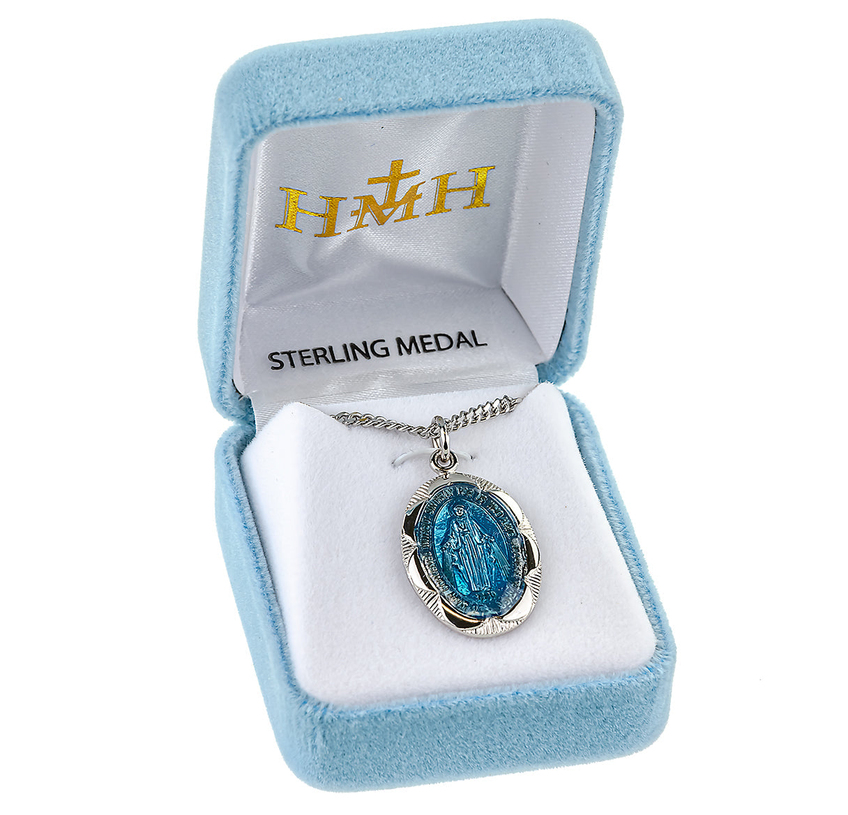 Sterling Silver Oval Blue Enameled Fancy Edge Miraculous Medal Pendant with Chain | .925 Silver
