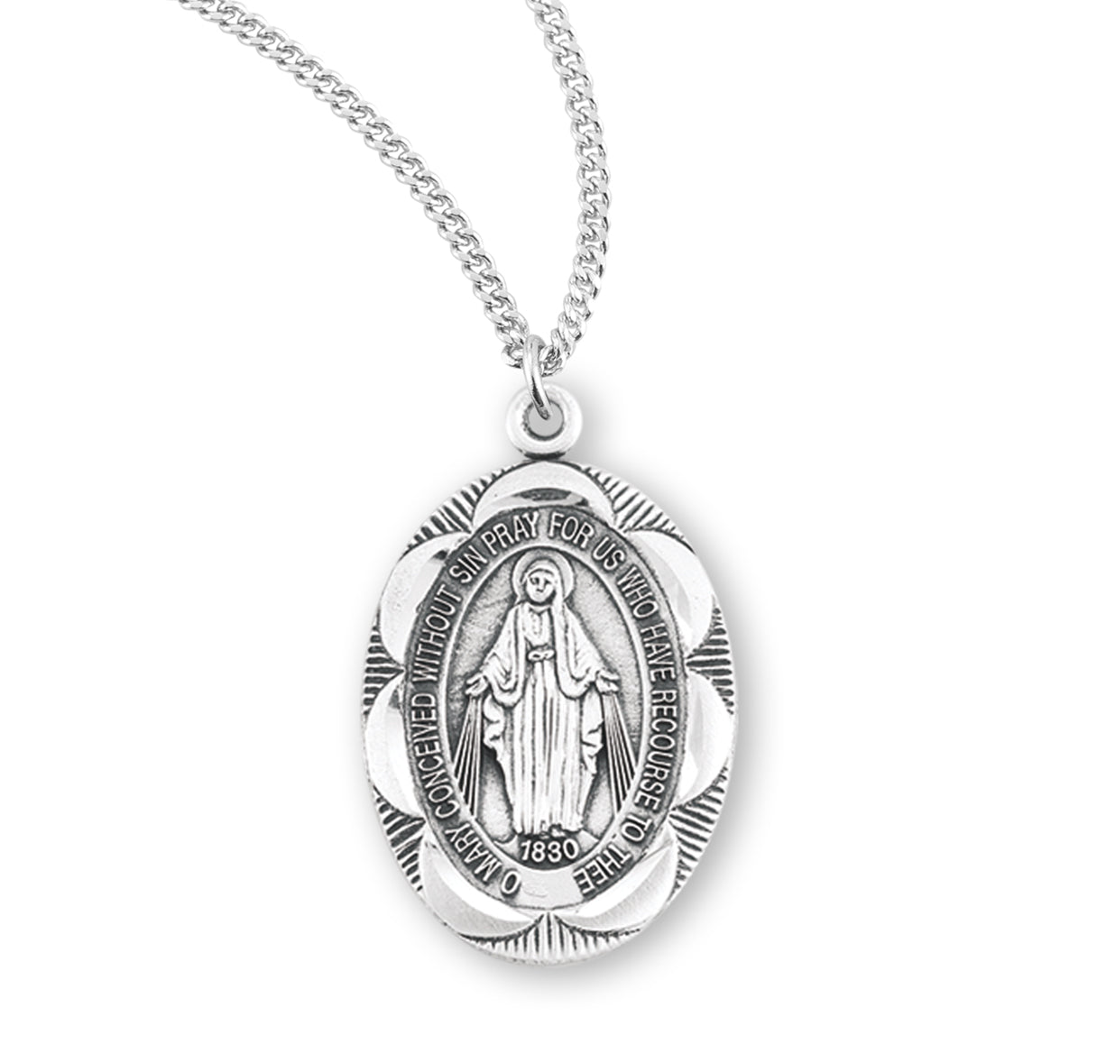 Sterling Silver Oval Fancy Edge Miraculous Medal Pendant with Chain | .925 Silver