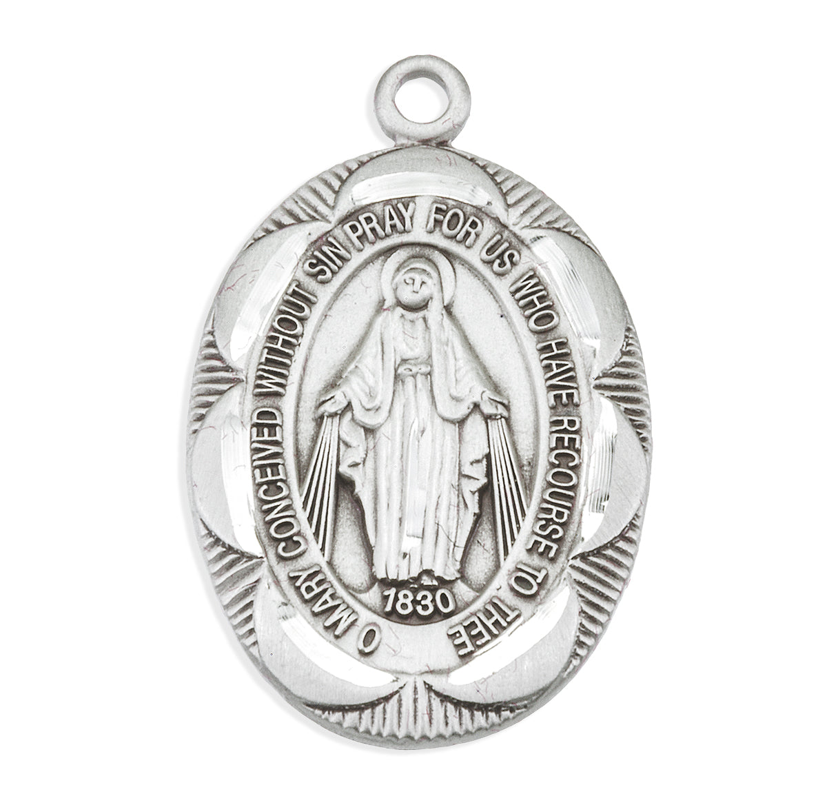 Sterling Silver Oval Fancy Edge Miraculous Medal Pendant with Chain | .925 Silver
