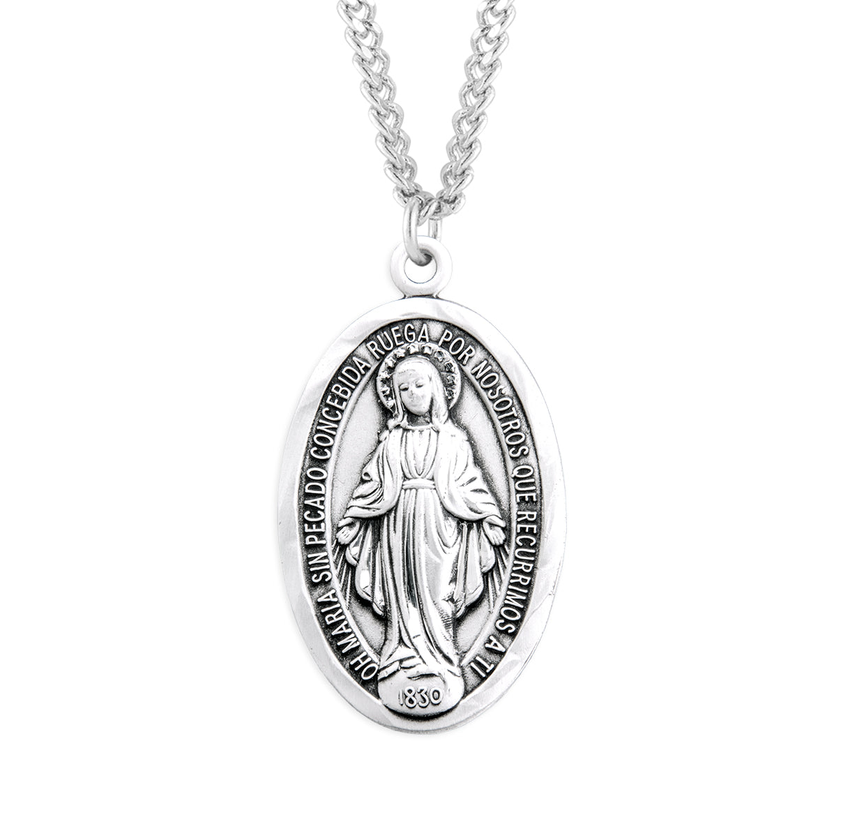 Sterling Silver Spanish Oval Miraculous Medal Pendant with Chain | .925 Silver