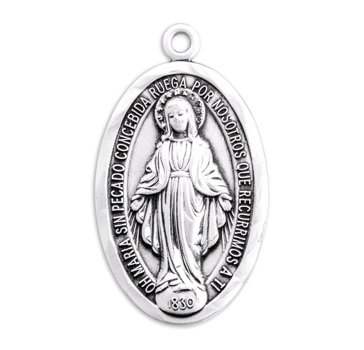 Sterling Silver Spanish Oval Miraculous Medal Pendant with Chain | .925 Silver