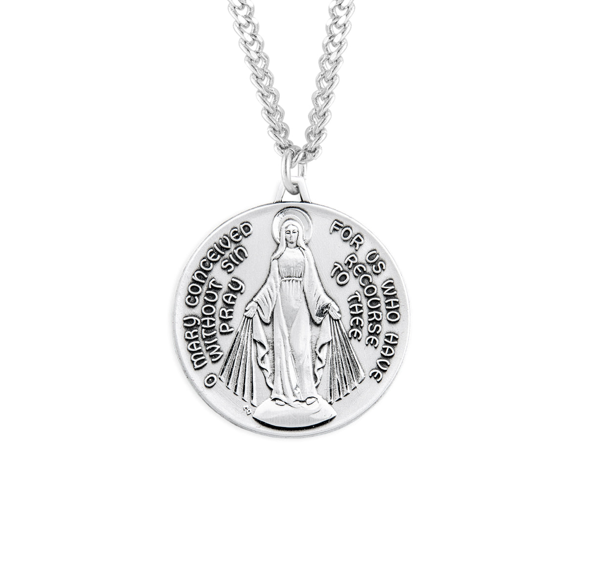 Sterling Silver Round Contemporary Miraculous Medal Pendant with Chain | .925 Silver