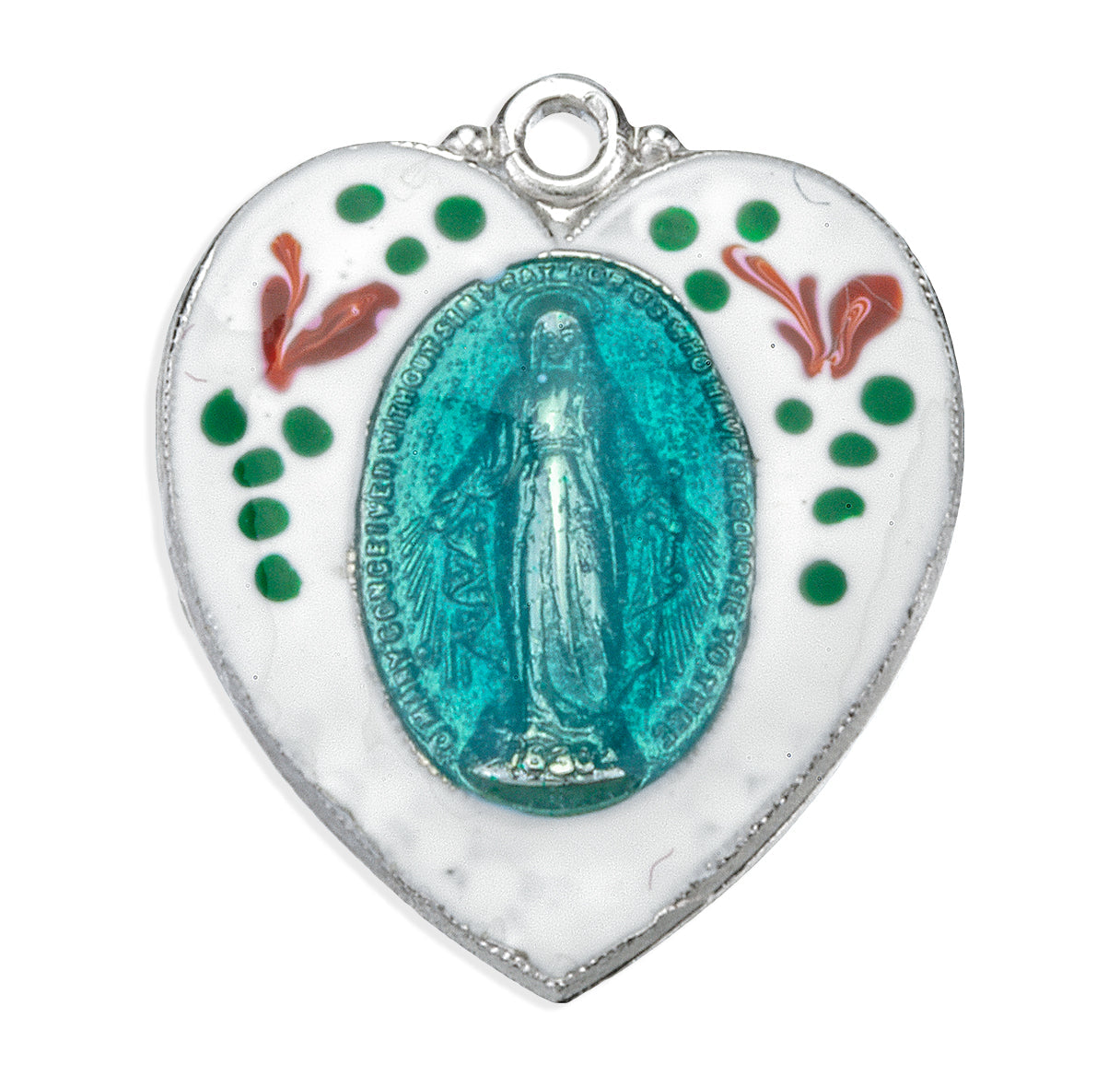 Sterling Silver Flower Enameled Heart Shape Miraculous Medal Pendant with Chain | .925 Silver