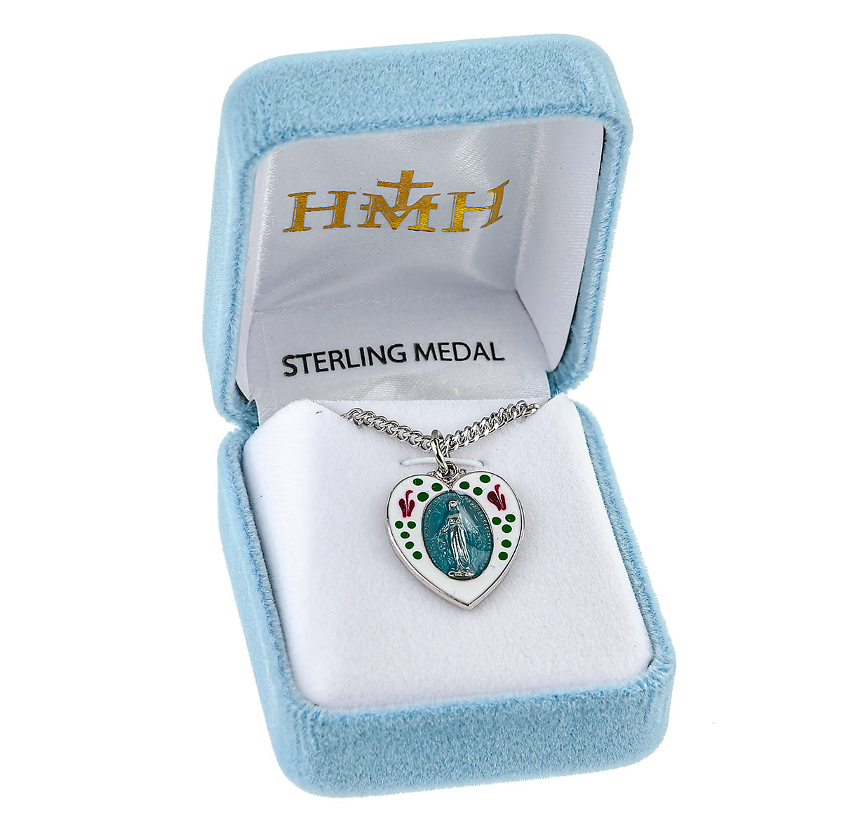 Sterling Silver Flower Enameled Heart Shape Miraculous Medal Pendant with Chain | .925 Silver